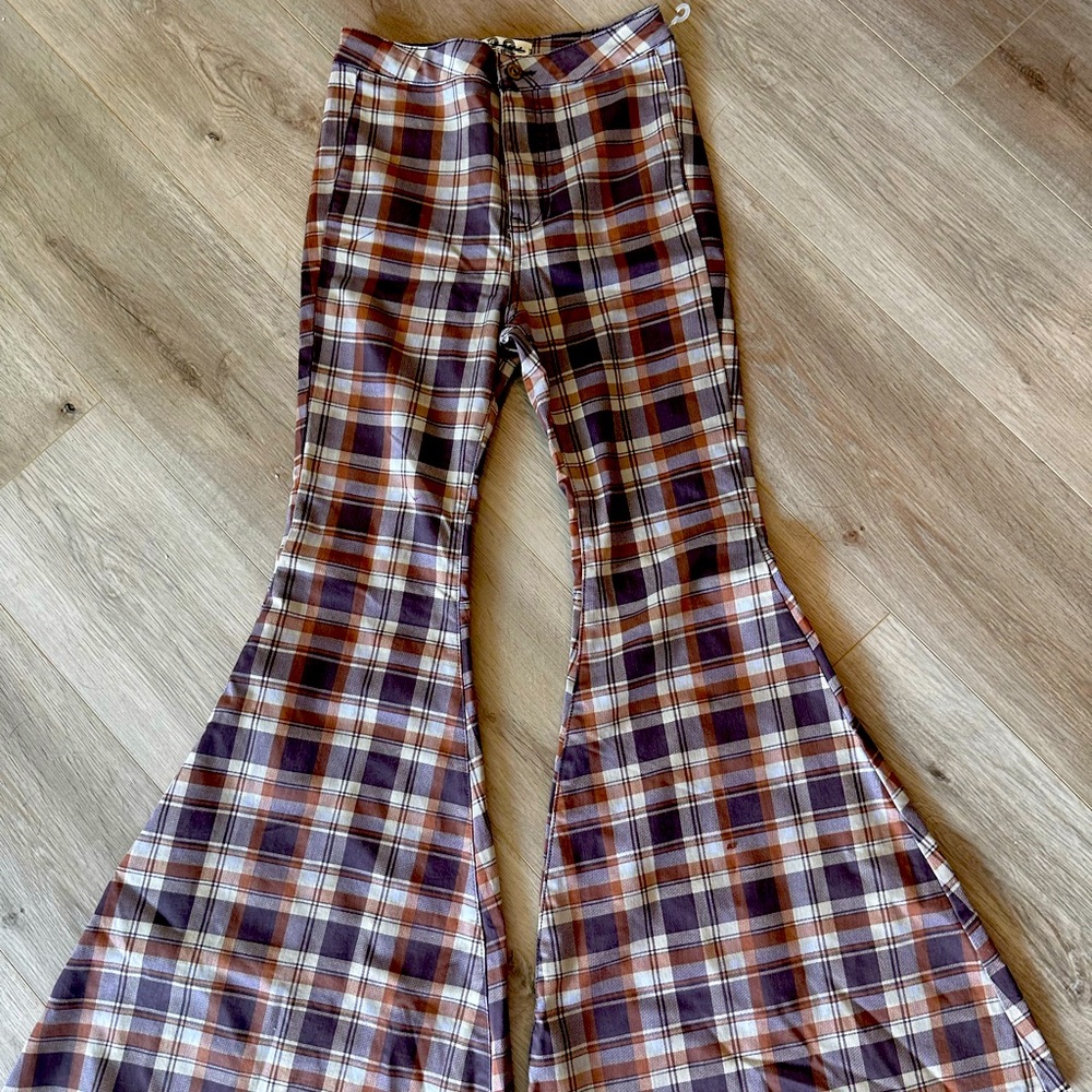 New Free People Flare Checkered Brown pull on pants size 28